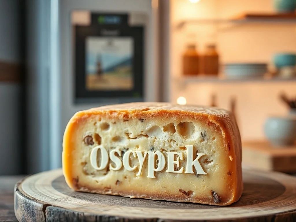 Tradycyjny wędzony oscypek na drewnianej desce, z rozmytym wnętrzem lodówki w tle, ilustrujący zasady przechowywania sera.