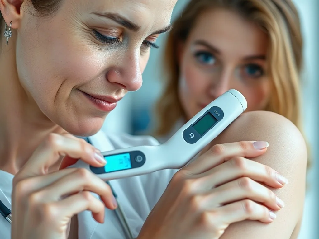 Kobieta mierzy temperaturę ciała za pomocą termometru elektronicznego umieszczonego pod pachą.